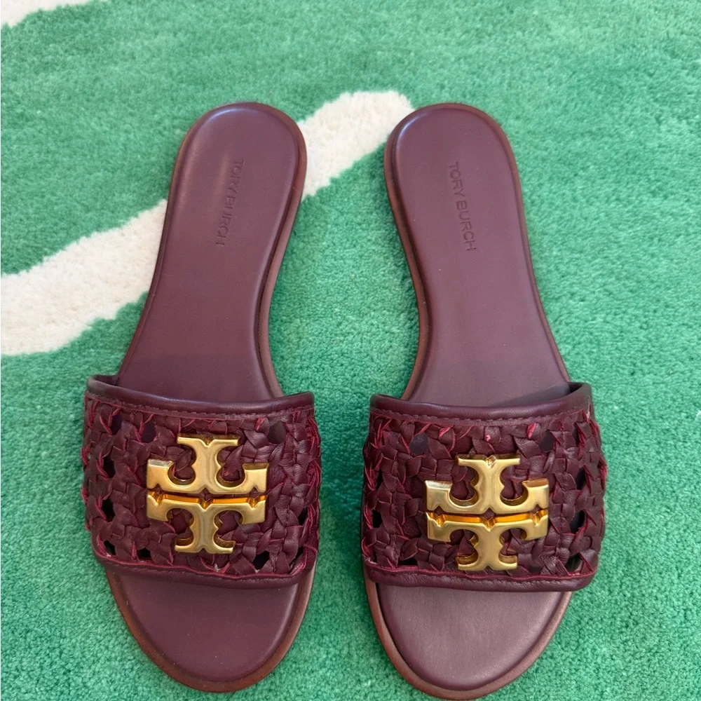 Tory Burch Maroon Woven Slide Sandals - Picture 2 of 5